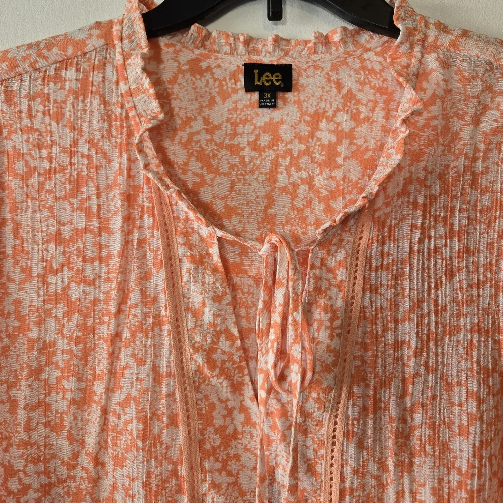 Lee Orange White Floral Lightweight Gauze Long Sleeve Tunic Top Plus Size 3X - Picture 3 of 15